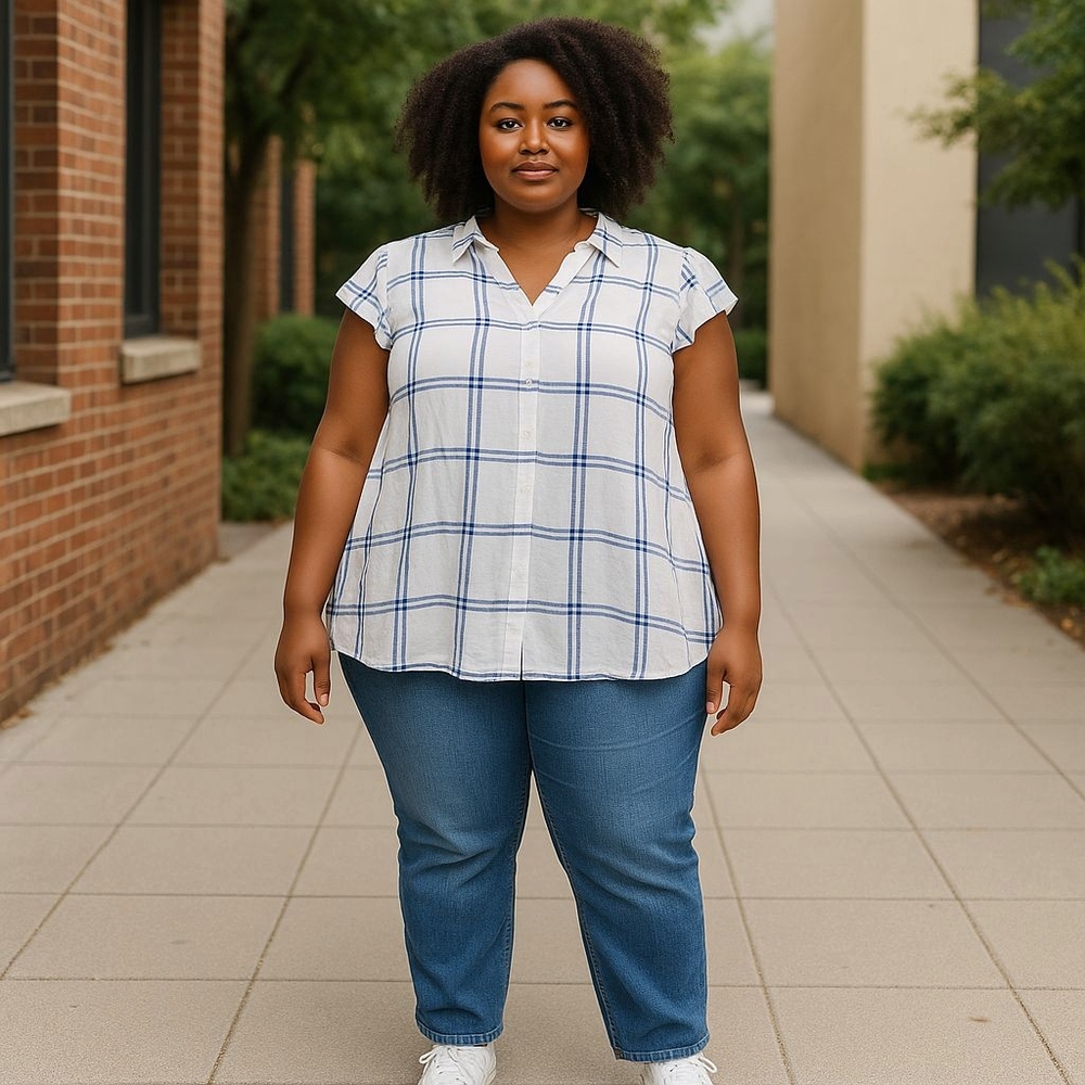 White and Blue Windowpane Button Down Shirt Relaxed Fit